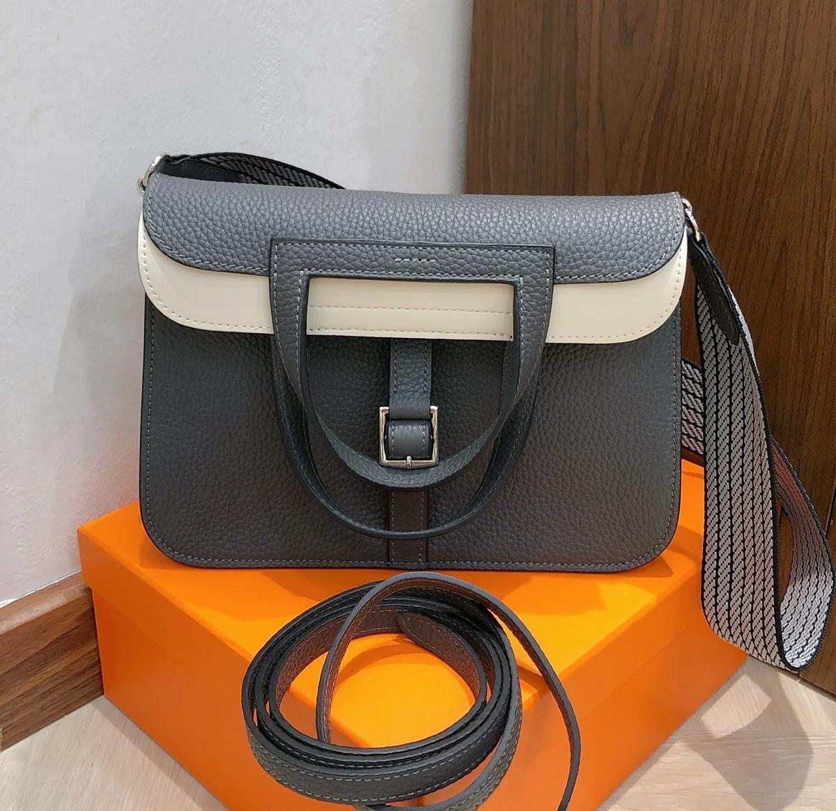 Main Black White Contrast Flap Crossbody Bag With Silver Buckle & Two Detachable Shoulder Straps