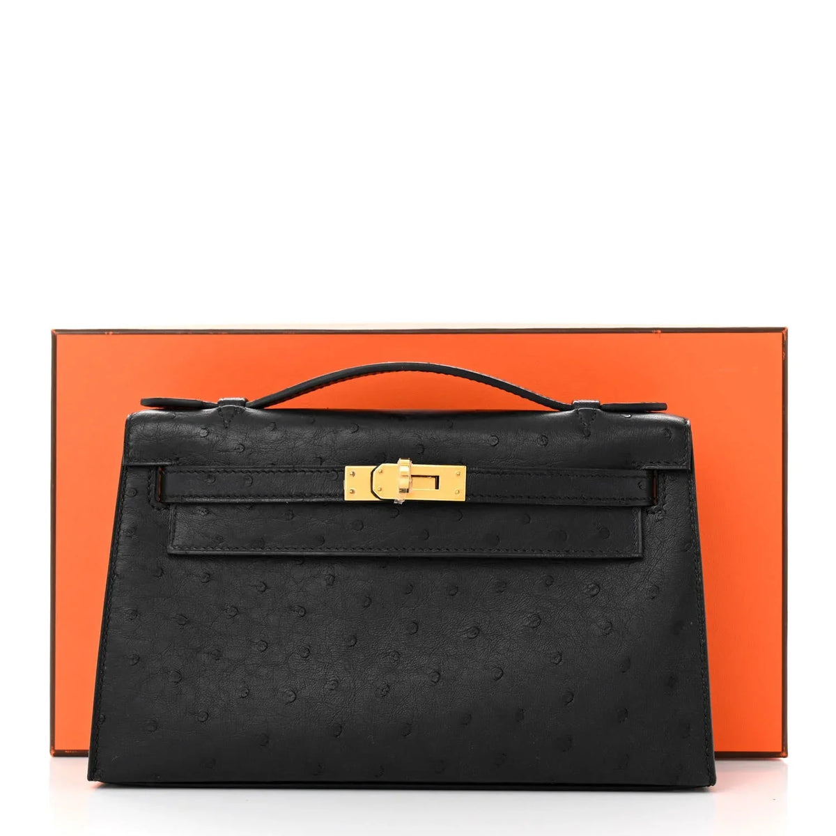 Matte Black Dot Grain Slim Clutch With Gold Plated Turn Lock and Mini Top Handle