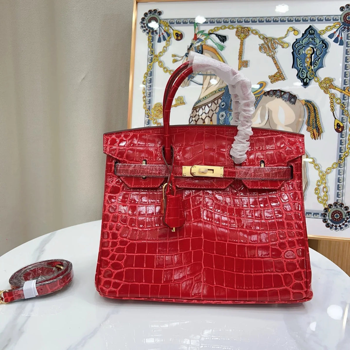 Red Matte Crocodile Textured Leather Handbag With Turn Lock Closure and Matching Top Handles