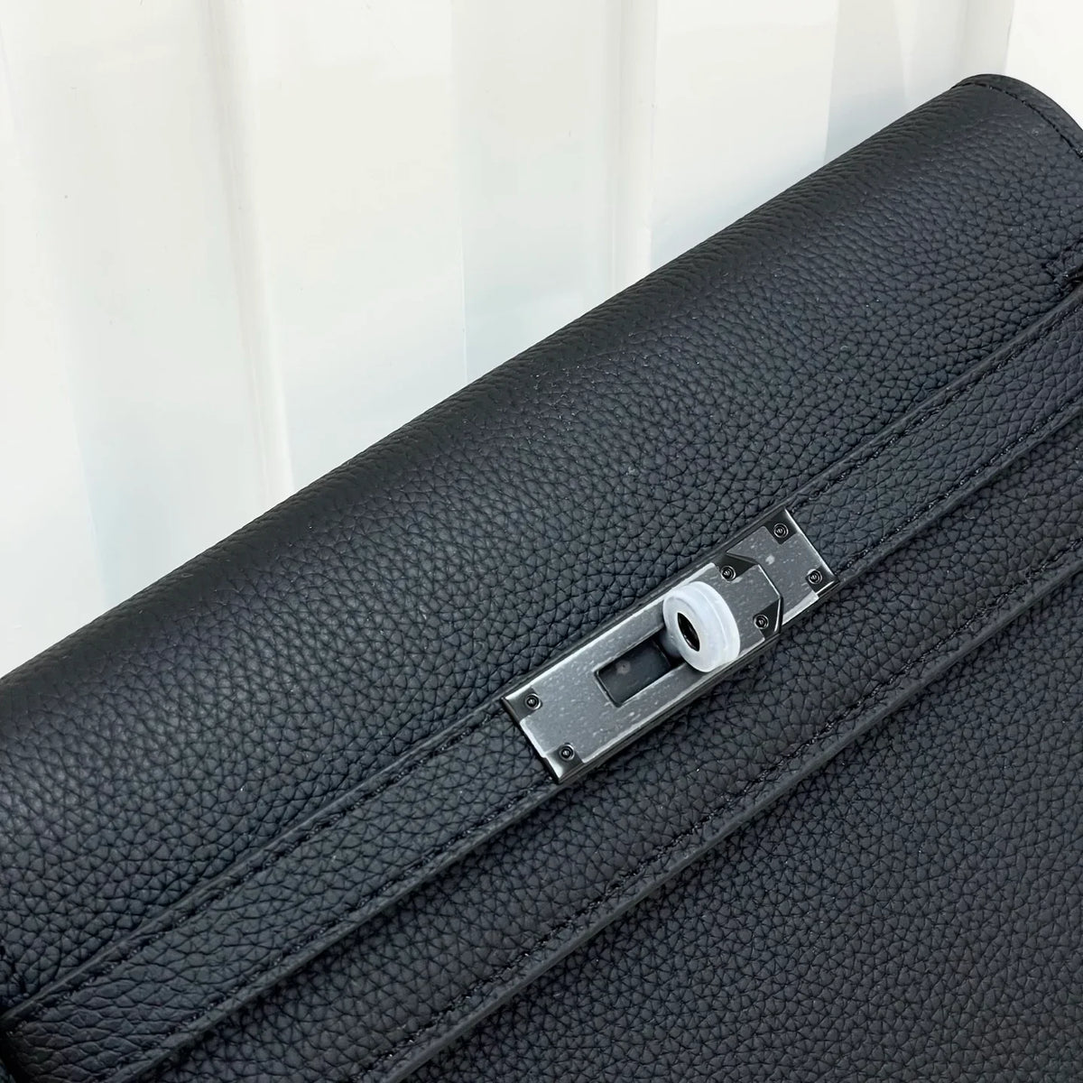 Solid Black Flap Wrist Pouch With Silver Turn Lock & Detachable Leather Wrist Strap